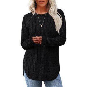 Women's Black Crewneck Long Sleeve Tunic Loose Sweaters Shirts Tops Clothes